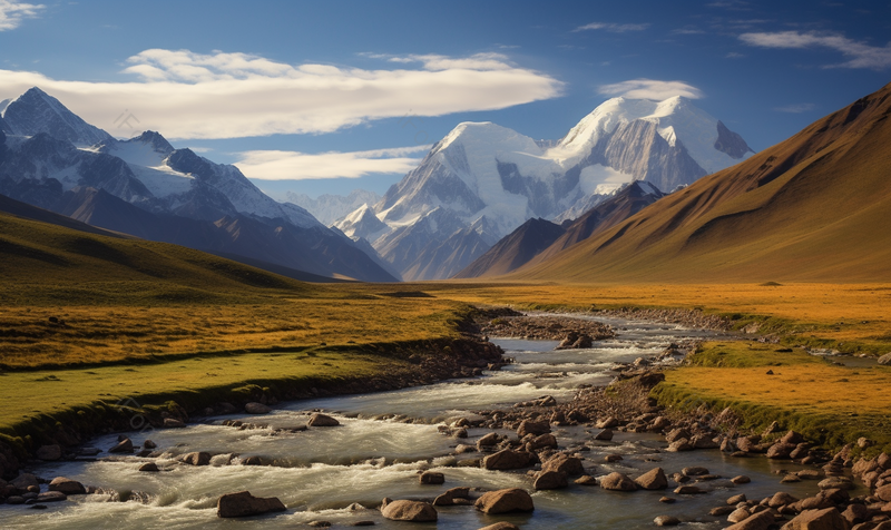 高原河流小溪和远处的雪山,高清,摄影图,摄影图片,图片大全,摄影图免费下载